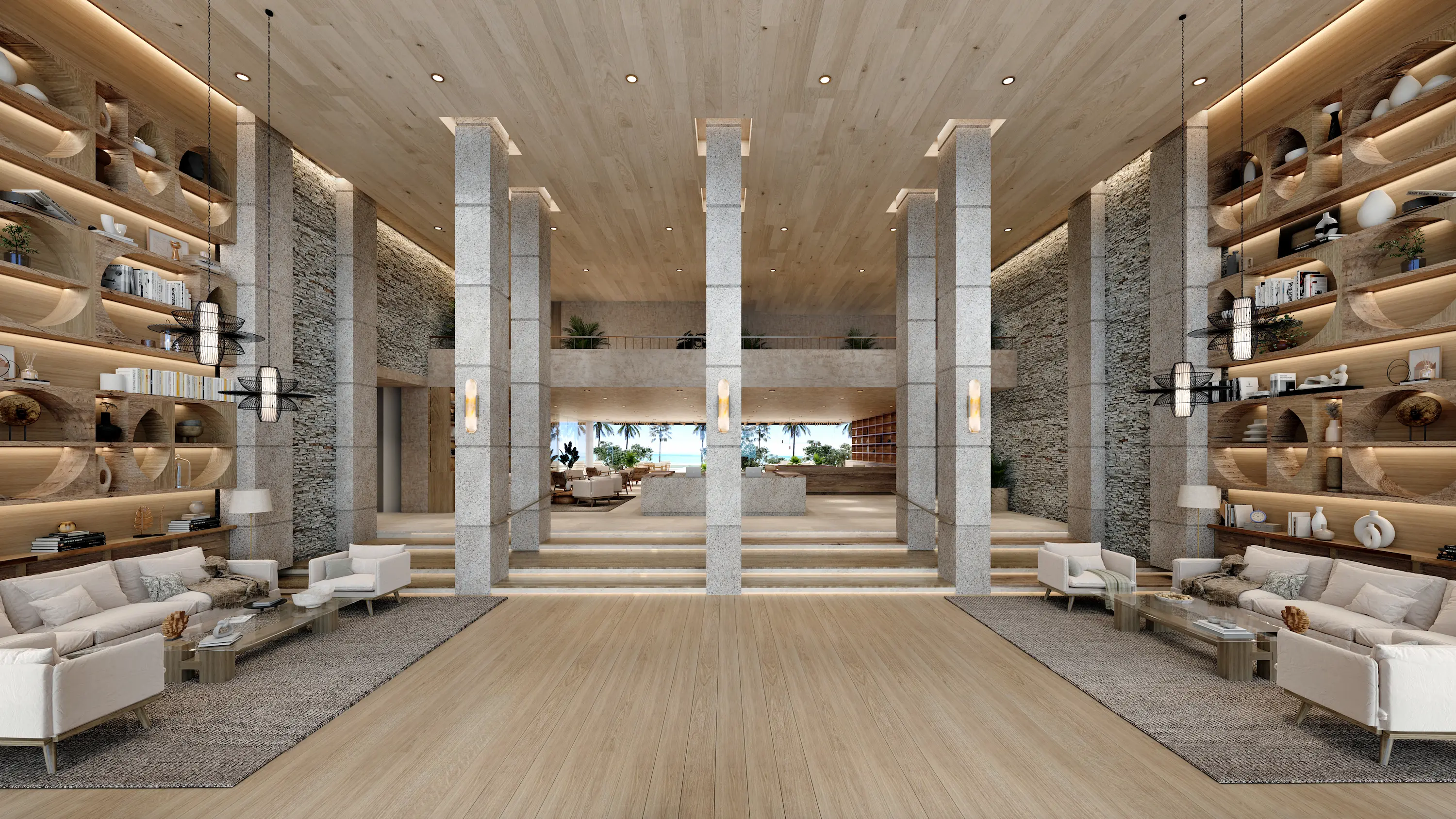 Interior del lobby con acabados de lujo en departamentos Boga
